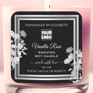 Pegatina Cuadrada Floral Product Packaging Labels Logo Black Silver