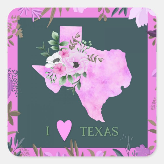 Pegatina Cuadrada Floral púrpura me encanta mapa estatal de Texas (Anverso)