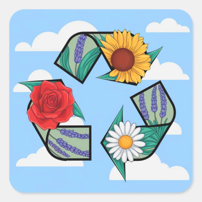 Pegatina Cuadrada Floral Recycling Symbol | Eco-Friendly Nature (Anverso)