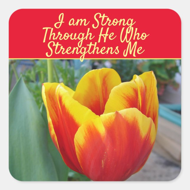 Pegatina Cuadrada Floral Red Yellow Tulip God Quote I Am Strong (Anverso)