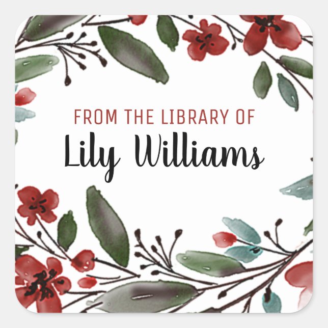 Pegatina Cuadrada Floral Roja De Acuarela De La Biblioteca (Anverso)