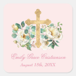 Pegatina Cuadrada Floral rosa con bautismo cruzado de oro