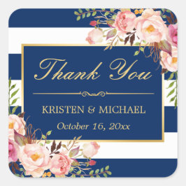 Pegatina Cuadrada Floral rosa dorada de las franjas azules de la mar