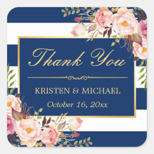 Pegatina Cuadrada Floral rosa dorada de las franjas azules de la mar