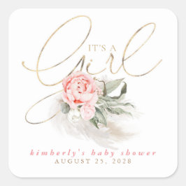 Pegatina Cuadrada Floral rosa es un Baby Shower Chica