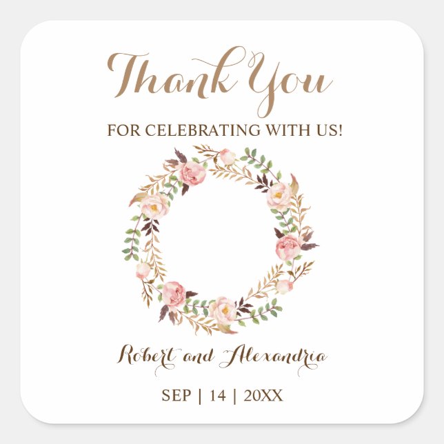 Pegatina Cuadrada Floral rosa gracias por venir Boda (Anverso)