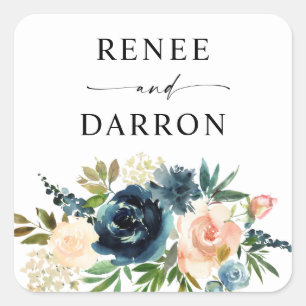 Pegatina Cuadrada Floral rosa Rubor azul turbio