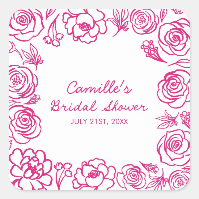 Pegatina Cuadrada Floral rosa Whimsical Bridal Shower (Anverso)