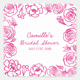 Pegatina Cuadrada Floral rosa Whimsical Bridal Shower