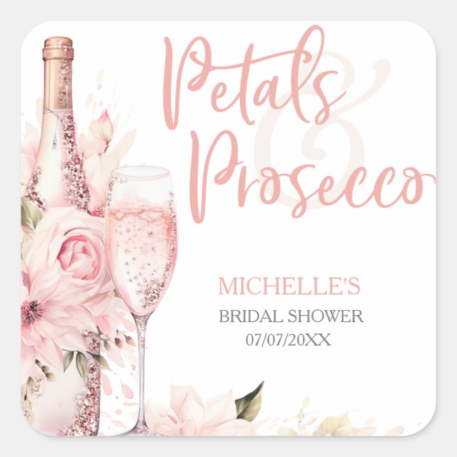 Pegatina Cuadrada Floral Rosado Boho Pétalos y Prosecco (Anverso)