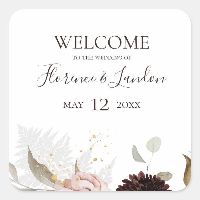 Pegatina Cuadrada Floral Rubor moderna | Bienvenida Boda (Anverso)