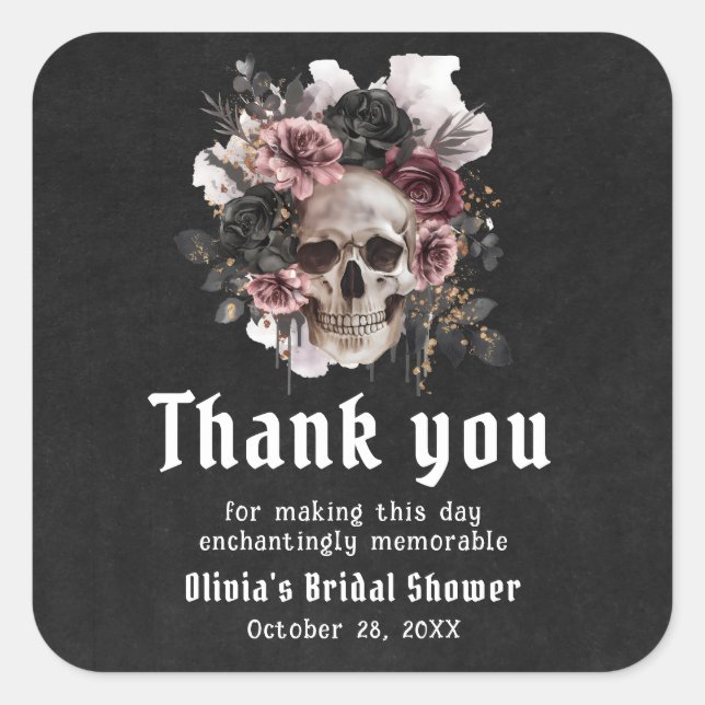 Pegatina Cuadrada Floral Skull Black Halloween Bridal Shower (Anverso)