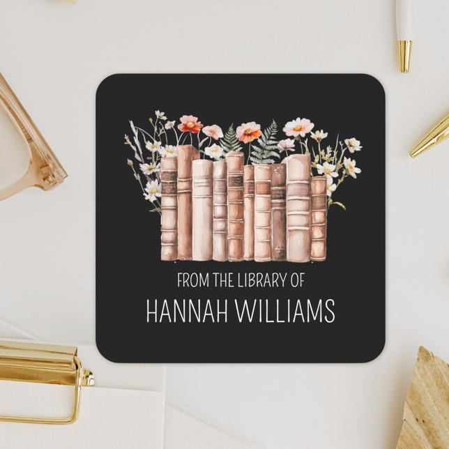 Pegatina Cuadrada Floral Stack Book From the Library of Bookplate (Close up)