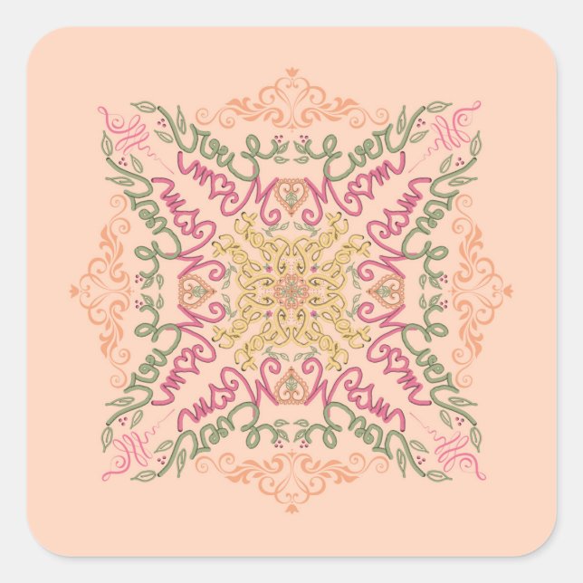 Pegatina Cuadrada Floral Suave melocotón caleidoscópico Script Mejor (Anverso)