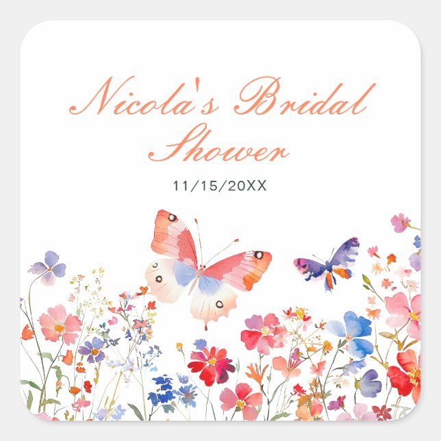 Pegatina Cuadrada Floral Summer Butterfly Bridal Shower (Anverso)