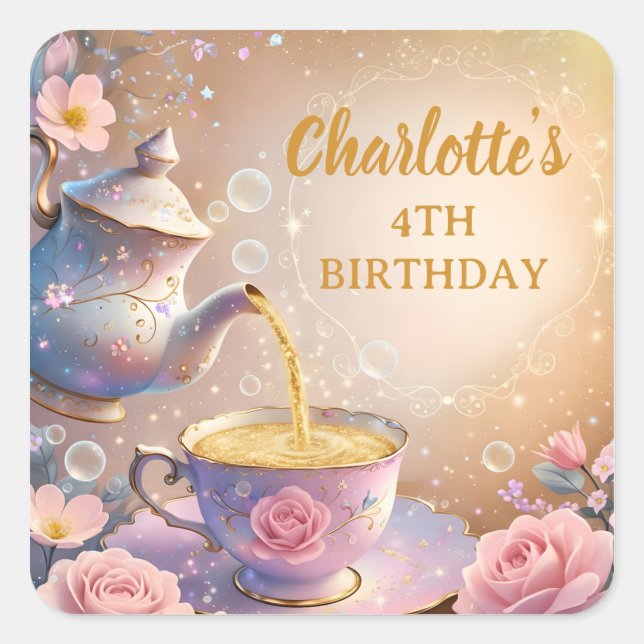 Pegatina Cuadrada Floral Teacup & Teapot - Pastel Elegant Tea Party (Anverso)