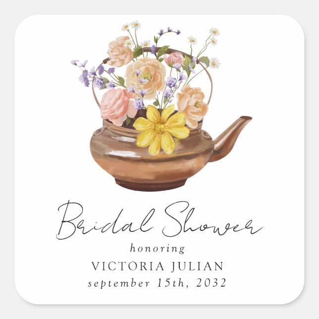 Pegatina Cuadrada Floral Teapot Bridal Shower Tea Fiesta (Anverso)