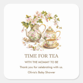 Pegatina Cuadrada Floral Teapot Time for Tea Baby Shower 