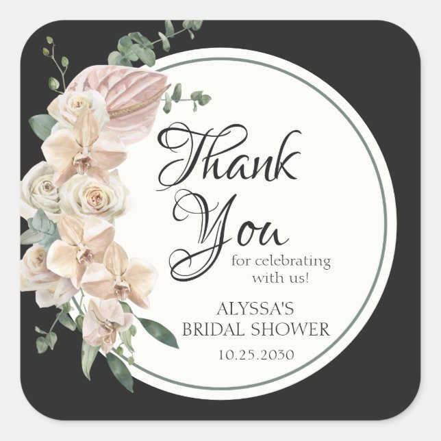 Pegatina Cuadrada Floral tropical acuarela Bridal Shower Gracias (Anverso)