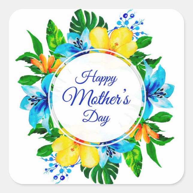 Pegatina Cuadrada Floral tropical azul y amarillo feliz Día de la Ma (Anverso)