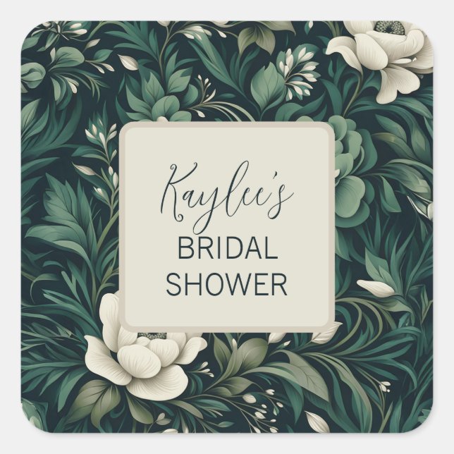 Pegatina Cuadrada Floral verde de esmeralda oscura (Anverso)