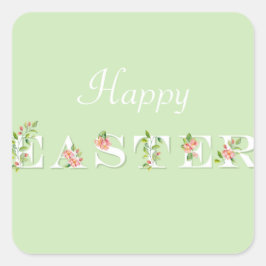 Pegatina Cuadrada Floral verde y rosa Feliz Pascua