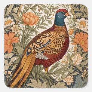 Pegatina Cuadrada Floral Vintage Faisán Inspirado en William Morris