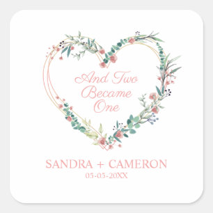 Pegatina Cuadrada Floral Watercolor Heart with Leaves in Pink