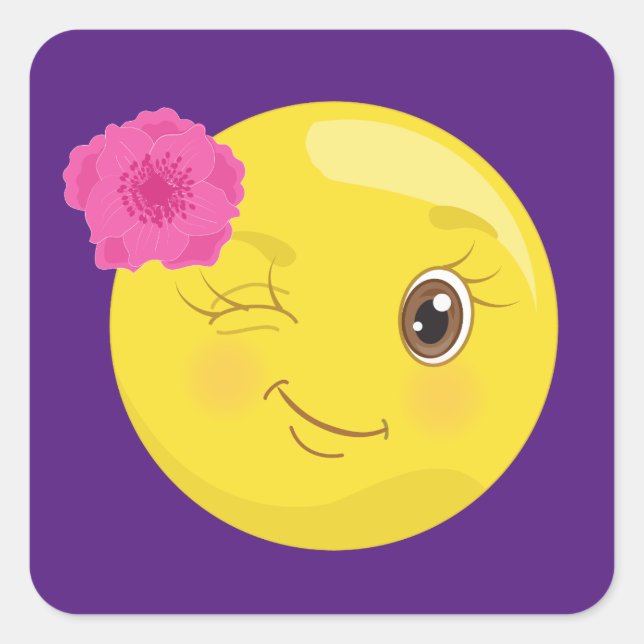 Pegatina Cuadrada Floral Wink Girly Emoji (Anverso)