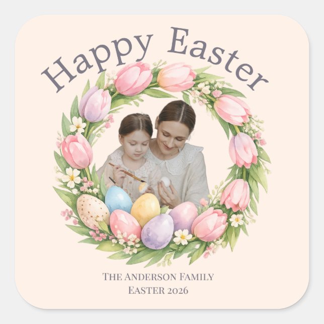 Pegatina Cuadrada Floral Wreath & Family Photo Personalized Easter  (Anverso)