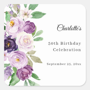 Pegatina Cuadrada Florales de violeta púrpura cumpleaños