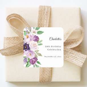 Pegatina Cuadrada Florales de violeta púrpura cumpleaños