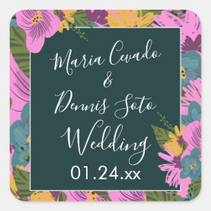 Pegatina Cuadrada Florales Dibujados a Mano Bodas Verde Intenso Rosa