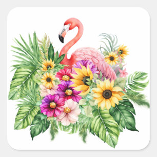 Pegatina Cuadrada Florales Flamingo Tropical Y Sunflower Alegres