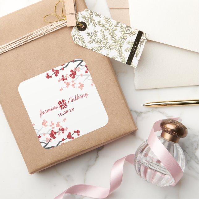 Pegatina Cuadrada Florecimiento de cerezos doble felicidad Boda chin (Regalar)