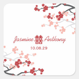 Pegatina Cuadrada Florecimiento de cerezos doble felicidad Boda chin