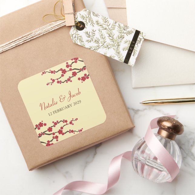 Pegatina Cuadrada Florecimiento de cerezos rojos Sakura Favor de la  (Regalar)