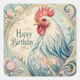 Pegatina Cuadrada Florecimiento de Cumpleaños del Gallo Regio