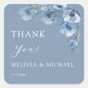 Pegatina Cuadrada Flores Acuarela Azules Boda Agradecimiento Cuadrad