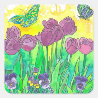 Pegatina Cuadrada Flores acuarelas de Tulipanes Púrpura