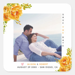 Pegatina Cuadrada Flores acuarelas naranjas, hojas verdes y foto