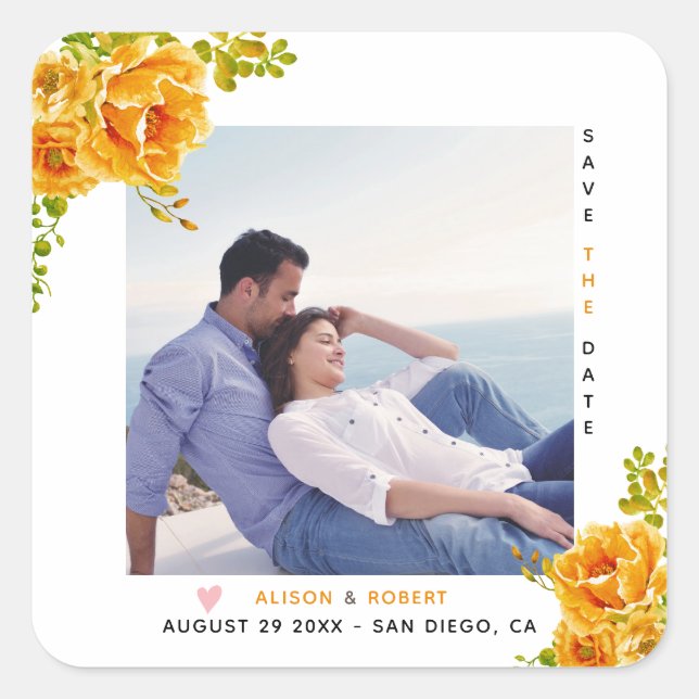 Pegatina Cuadrada Flores acuarelas naranjas, hojas verdes y foto (Anverso)