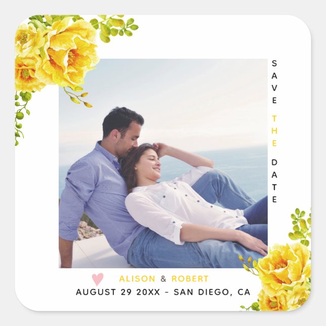 Pegatina Cuadrada Flores acuáticas amarillas, hojas verdes y foto (Anverso)