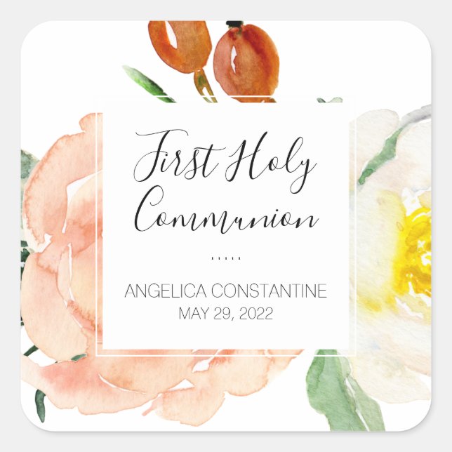 Pegatina Cuadrada Flores acuáticas Chica Primera Comunión Sagrada (Anverso)