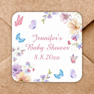 Pegatina Cuadrada flores acuáticas chica verano ducha de bebé rosa