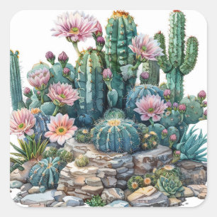 Pegatina Cuadrada Flores acuáticas del desierto cactus.