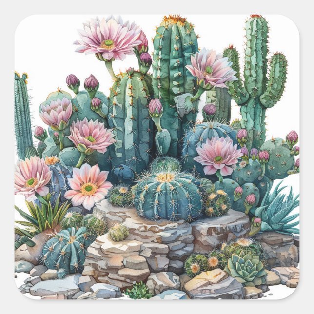 Pegatina Cuadrada Flores acuáticas del desierto cactus. (Anverso)