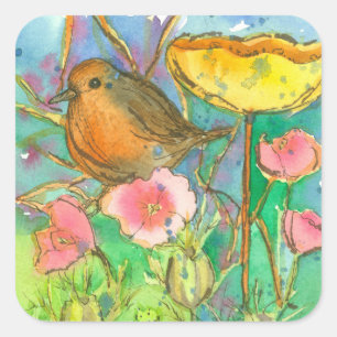 Pegatina Cuadrada Flores acuáticas Robin Bird