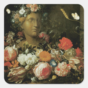 Pegatina Cuadrada Flores alrededor de un busto clásico