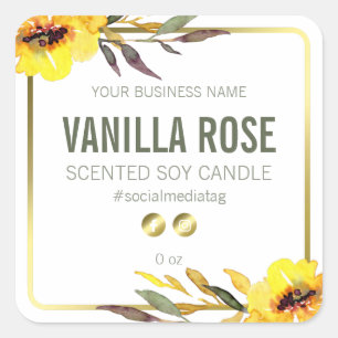 Pegatina Cuadrada Flores Amarillas Alegres En Etiquetas De Productos